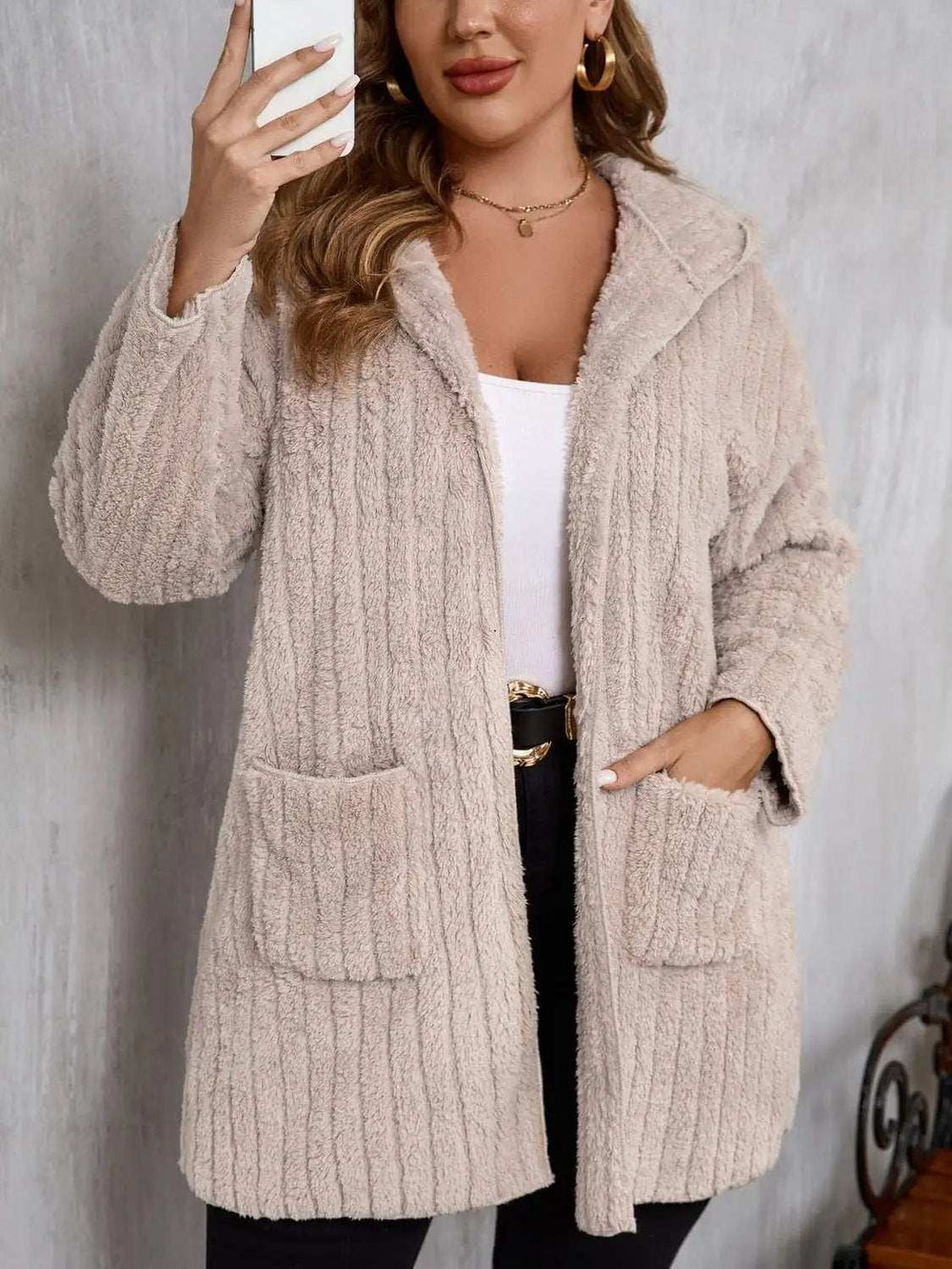 Plus Size Open Front Long Sleeve Hooded Fuzzy Jacket - Trendsi - Flyclothing LLC