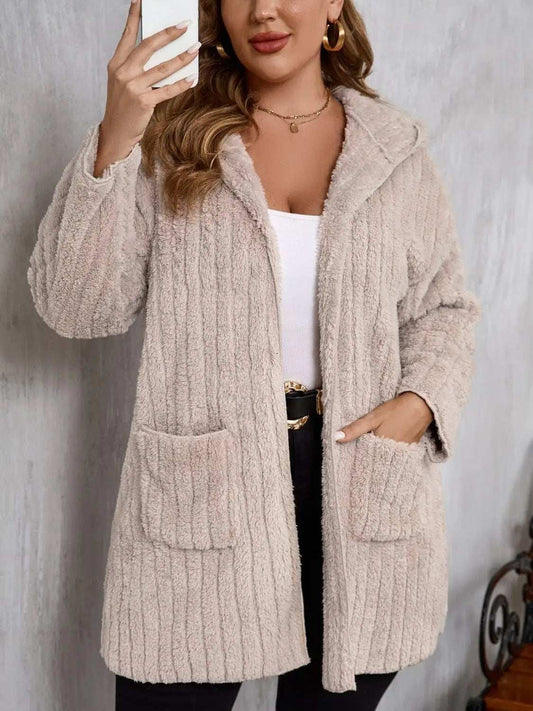 Plus Size Open Front Long Sleeve Hooded Fuzzy Jacket - Trendsi - Flyclothing LLC