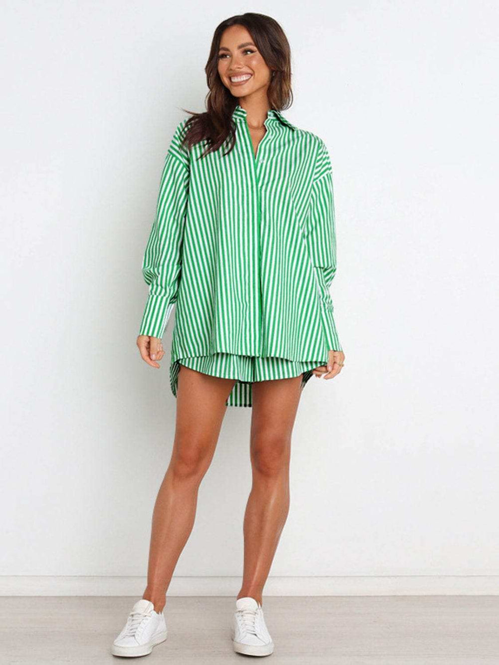 Striped Dropped Shoulder Shirt and Shorts Set - Trendsi - Flyclothing LLC