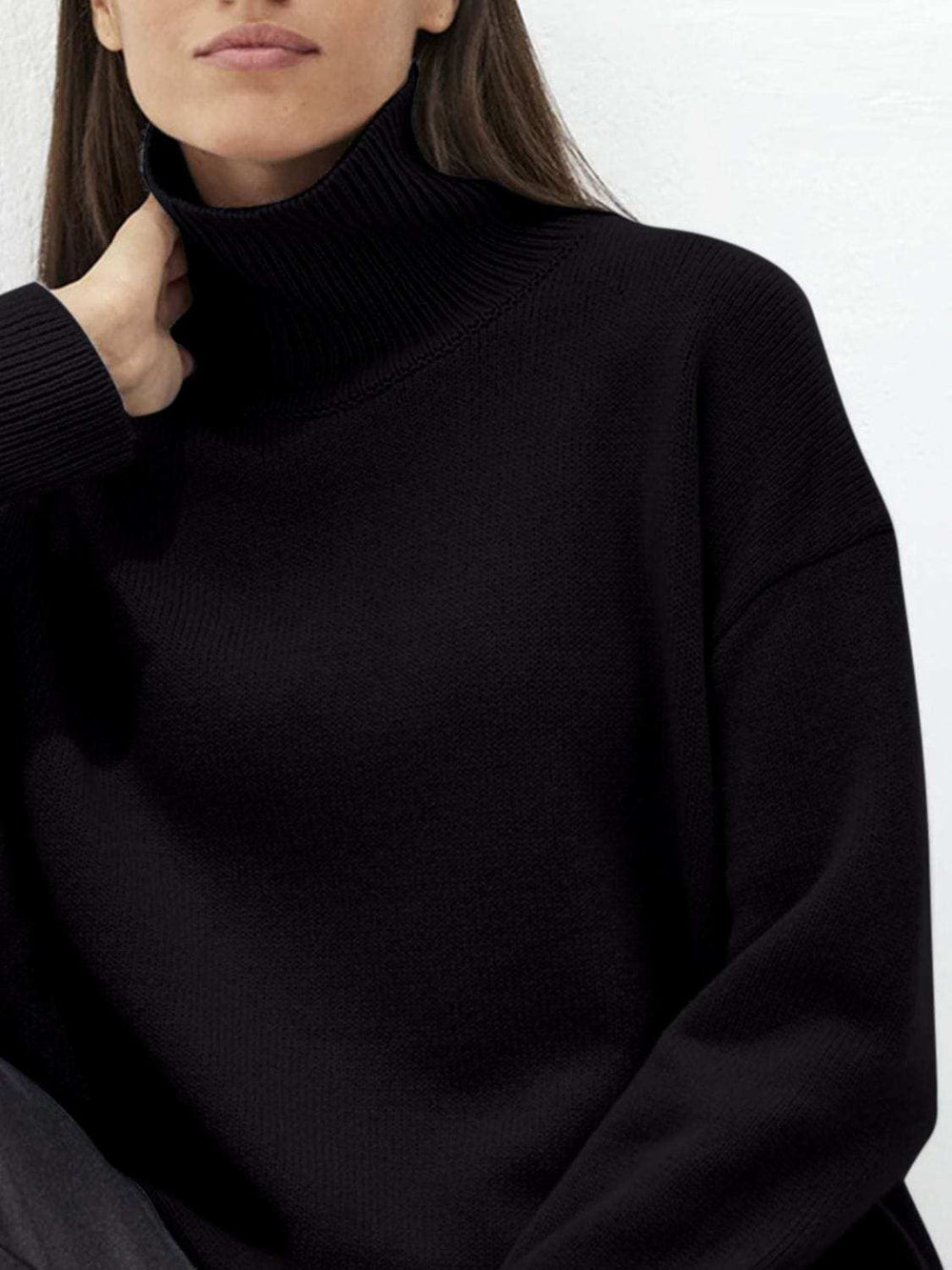 Ribbed Detail Turtleneck Dropped Shoulder Sweater - Trendsi - Flyclothing LLC