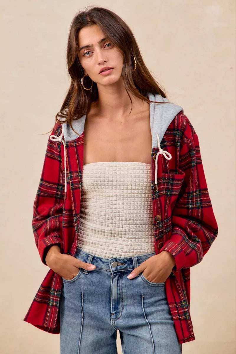 BiBi Brushed Plaid Hooded Jacket - Trendsi - Flyclothing LLC