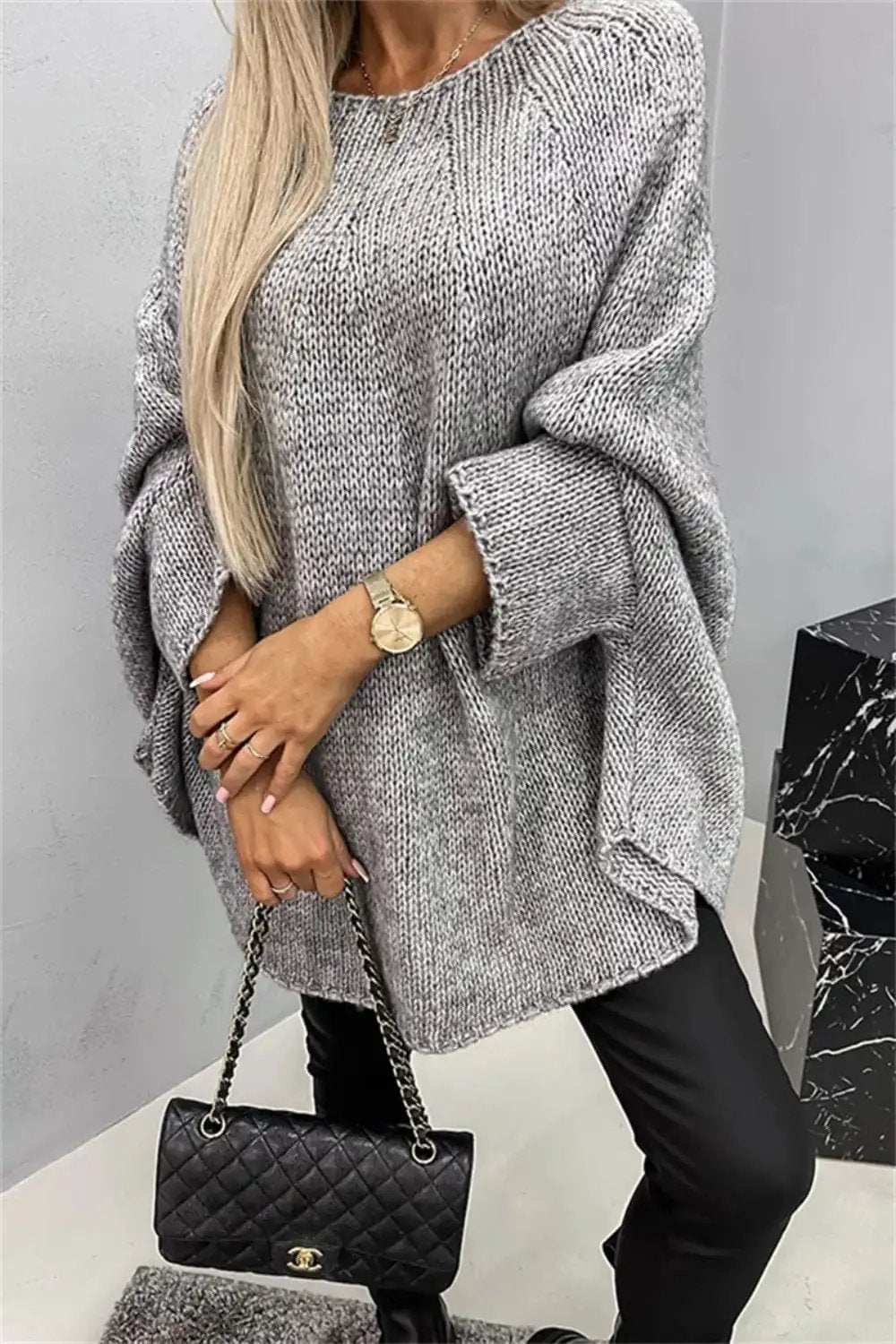 Round Neck Batwing Sleeve Sweater - Trendsi - Flyclothing LLC