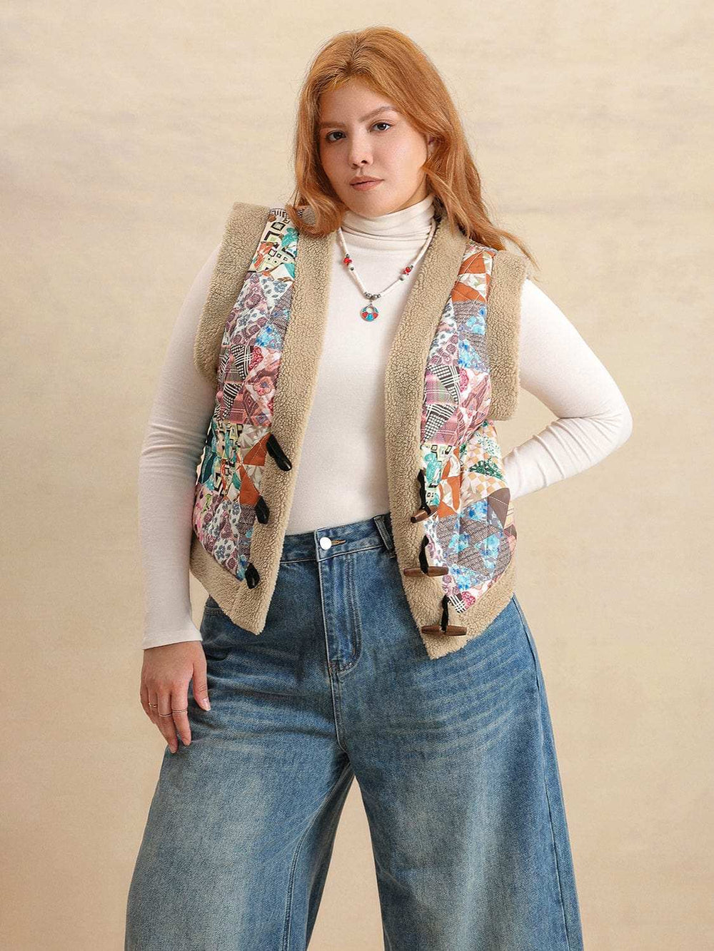 Plus Size Printed Sherpa Vest Coat - Trendsi - Flyclothing LLC