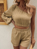 One Shoulder Long Sleeve Top and Shorts Set - Trendsi - Flyclothing LLC