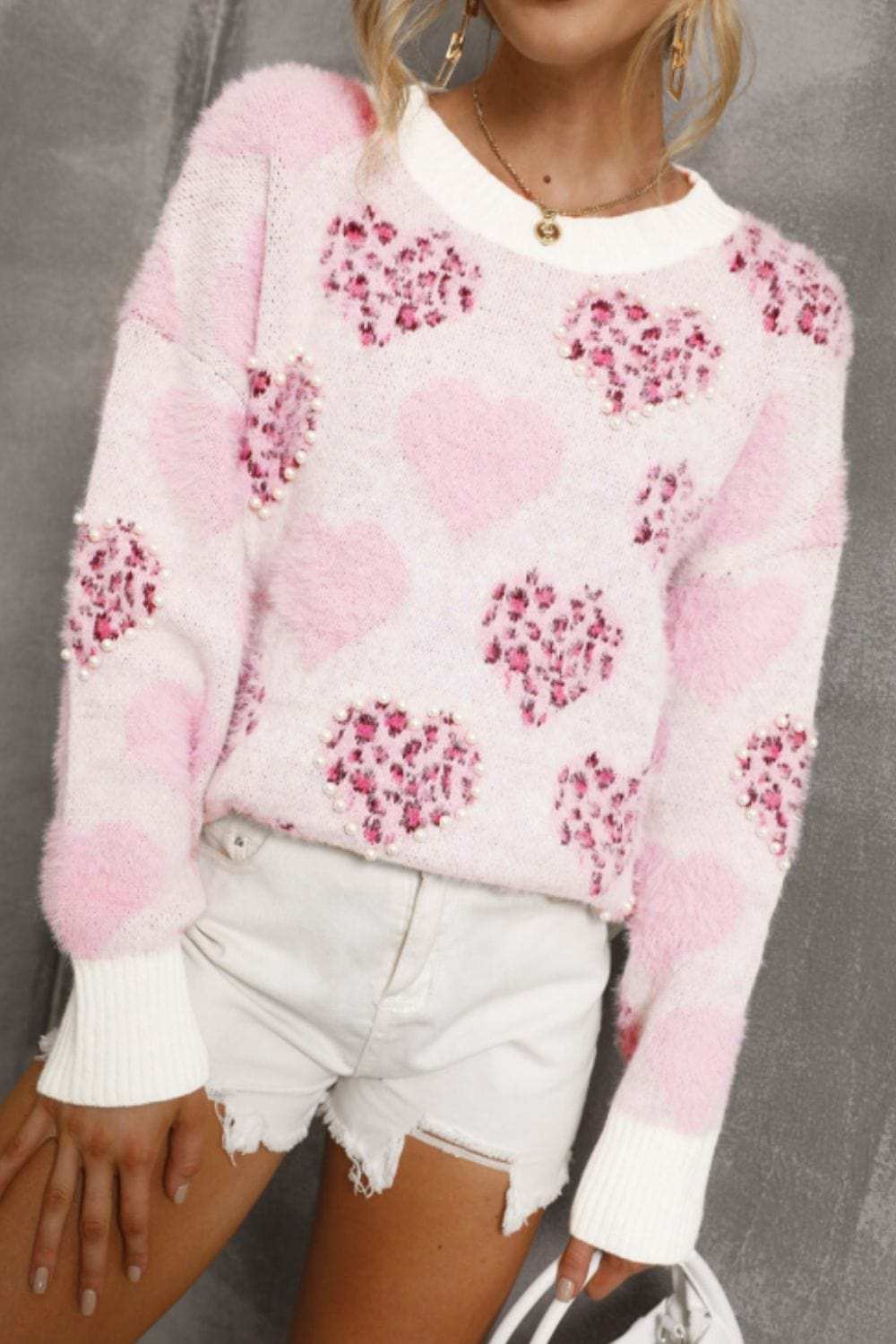 Pearl Detail Heart Round Neck Sweater - Trendsi - Flyclothing LLC
