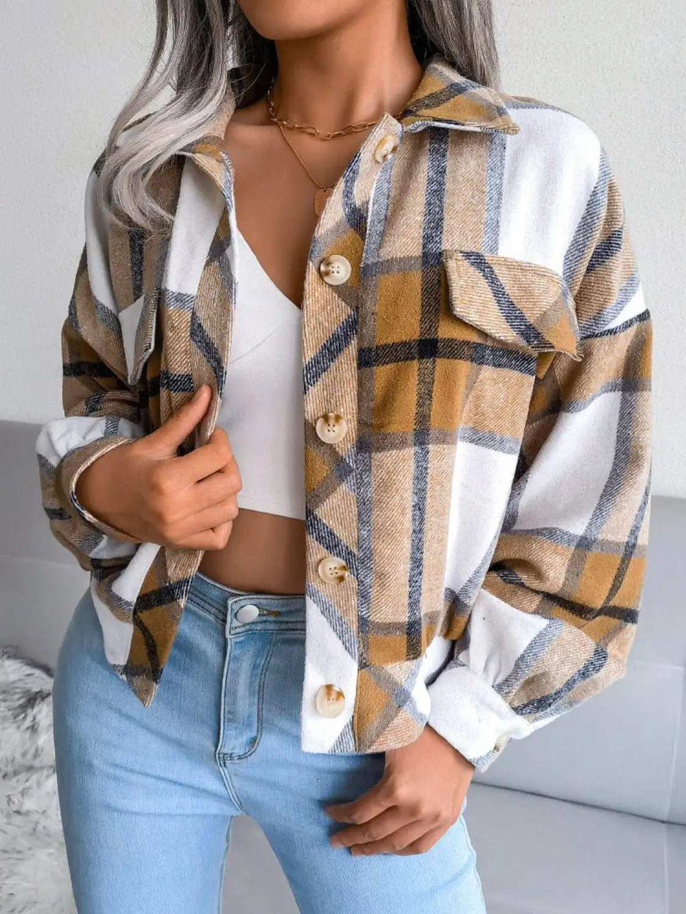 Plaid Collared Neck Long Sleeve Jacket - Trendsi - Flyclothing LLC