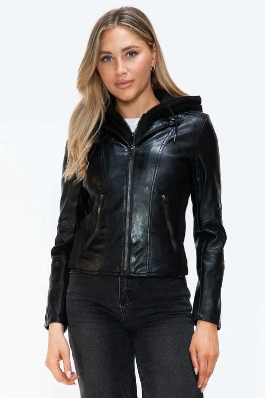 Snobbish Faux Leather Zip Up Drawstring Hooded Jacket - Trendsi - Flyclothing LLC
