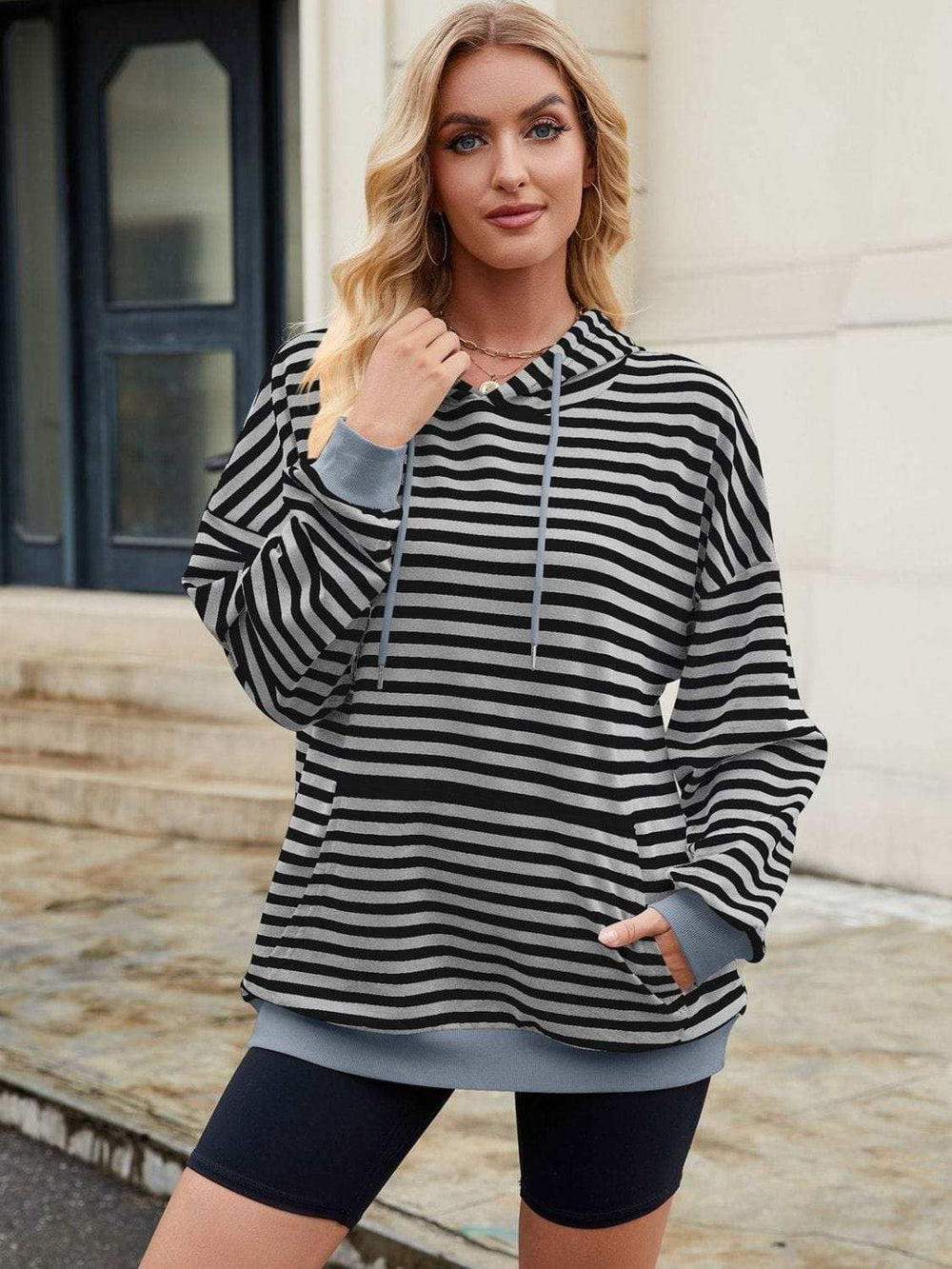 Drawstring Contrast Striped Long Sleeve Hoodie - Trendsi - Flyclothing LLC