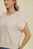 Double Take Full Size Cable-Knit Round Neck Short Sleeve Sweater - Trendsi - Flyclothing LLC