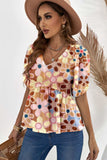 Smocked Printed V-Neck Half Sleeve Blouse - Trendsi - Flyclothing LLC