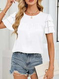 Smocked Round Neck Ruffled Layered Sleeve Blouse - Trendsi - Flyclothing LLC