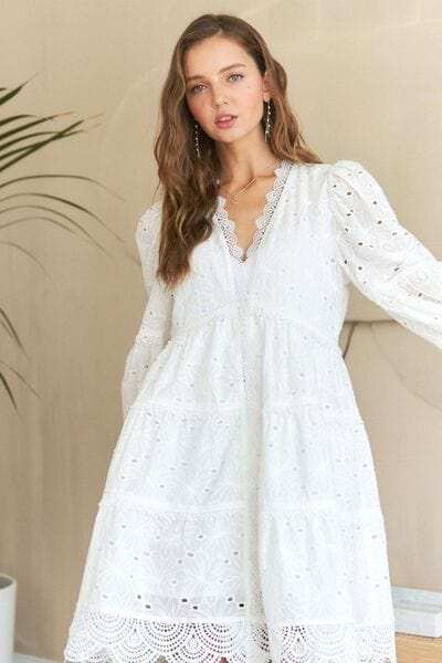 ADORA Lace Detail Tiered Eyelet V-Neck Babydoll Dress - Trendsi - Flyclothing LLC