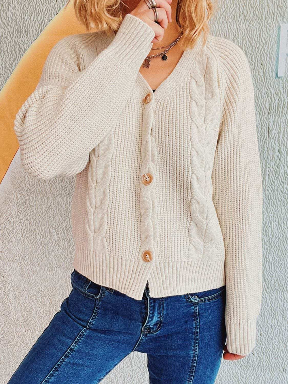 Cable-Knit V-Neck Button Down Long Sleeve Cardigan - Trendsi - Flyclothing LLC