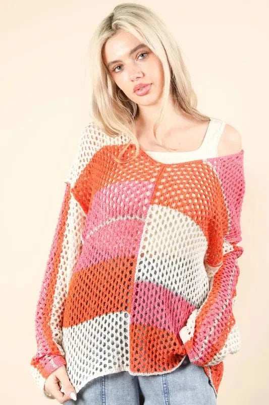 VERY J Color Block Oversized Summer Knit Cover Up - Trendsi - Flyclothing LLC