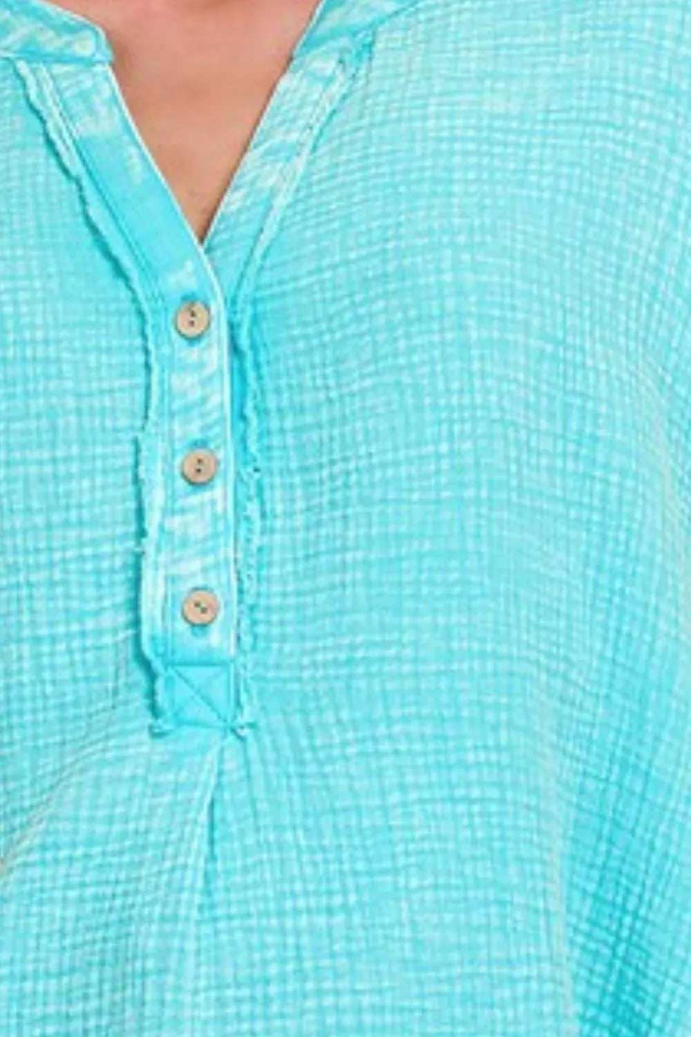 Zenana Washed Double Gauze 3/4 Button Henley Neck Shirt - Trendsi - Flyclothing LLC