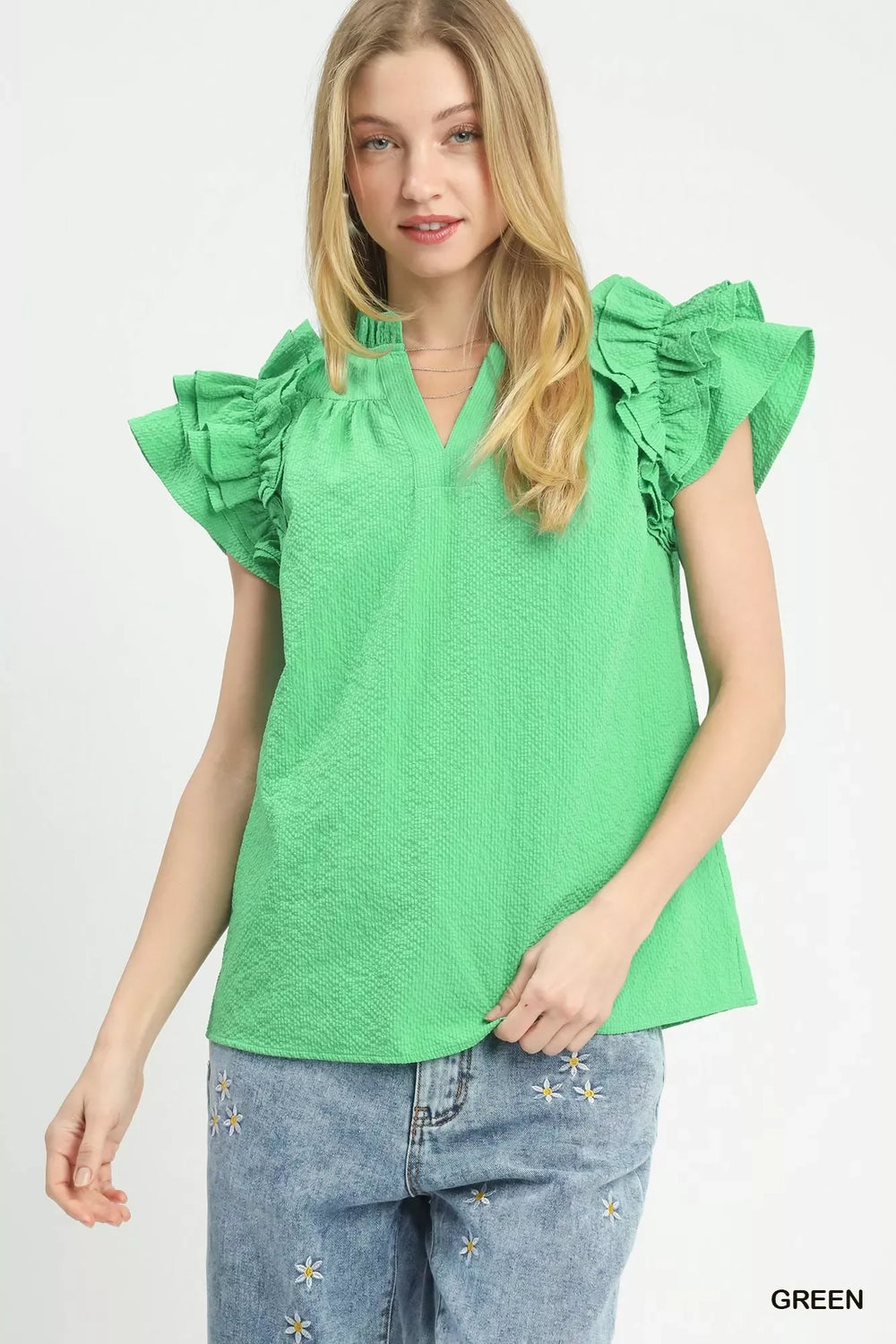 Umgee Textured Ruffle Sleeve Notched Top - Trendsi - Flyclothing LLC