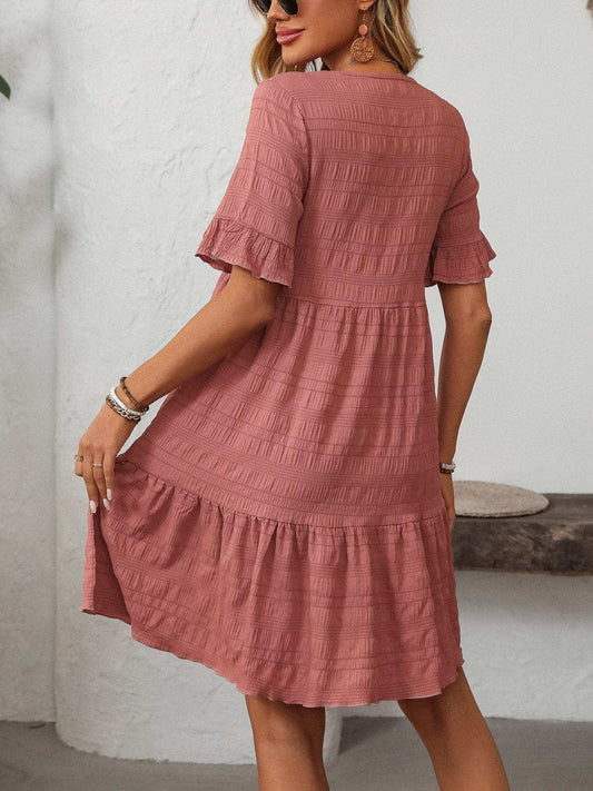 Mandy Ruffled Ruched Round Neck Half Sleeve Dress - Trendsi - Flyclothing LLC