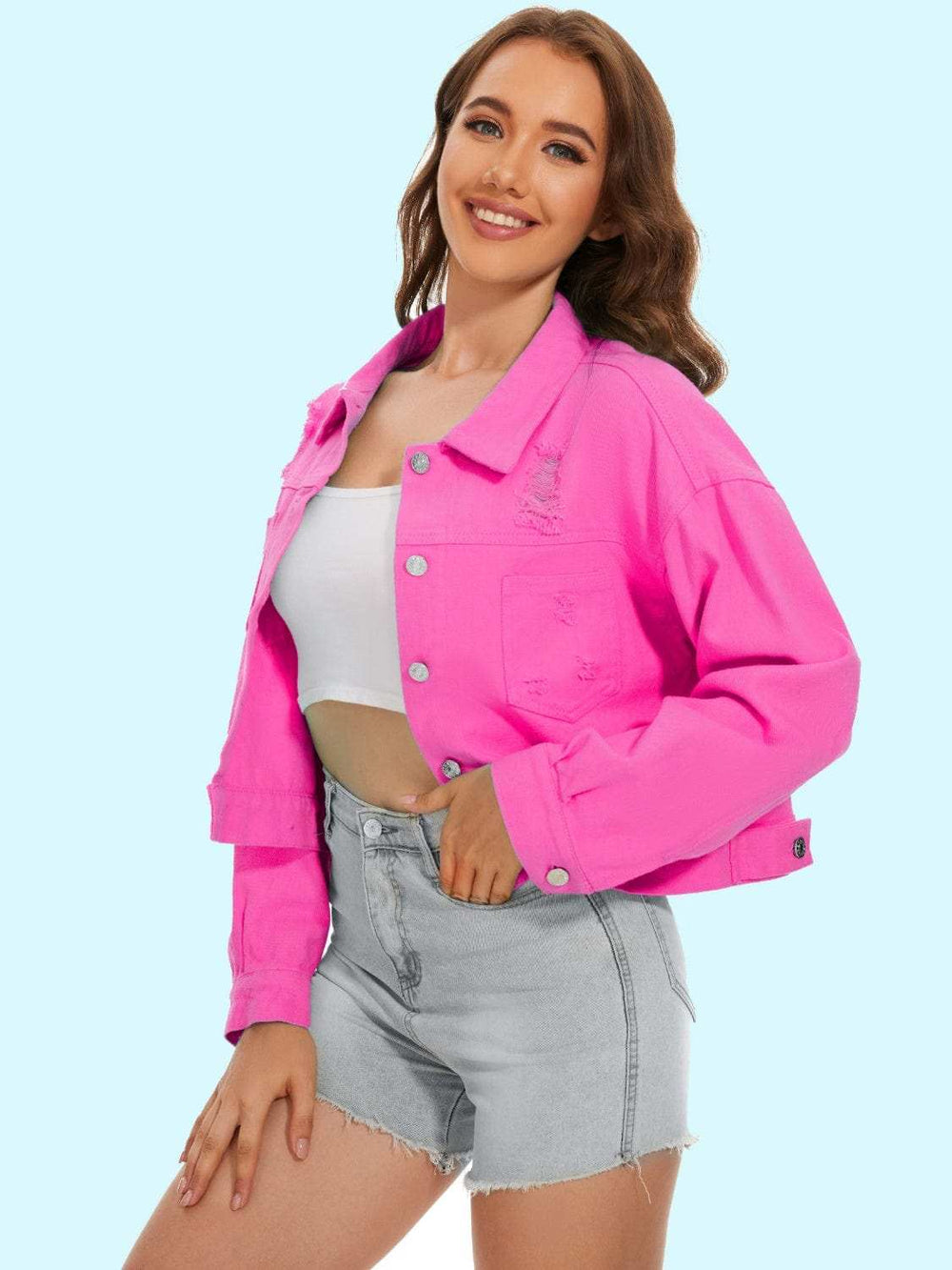 Distressed Distressed Button Up Denim Jacket - Trendsi - Flyclothing LLC