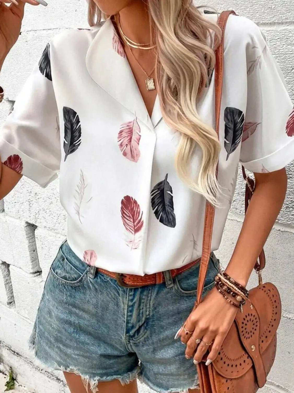 Full Size Printed Collared Neck Short Sleeve Blouse - Trendsi - Flyclothing LLC