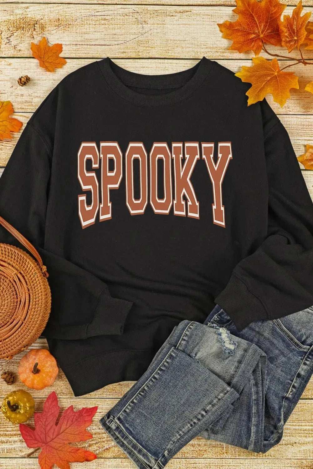 SPOOKY Round Neck Long Sleeve Sweatshirt - Trendsi - Flyclothing LLC