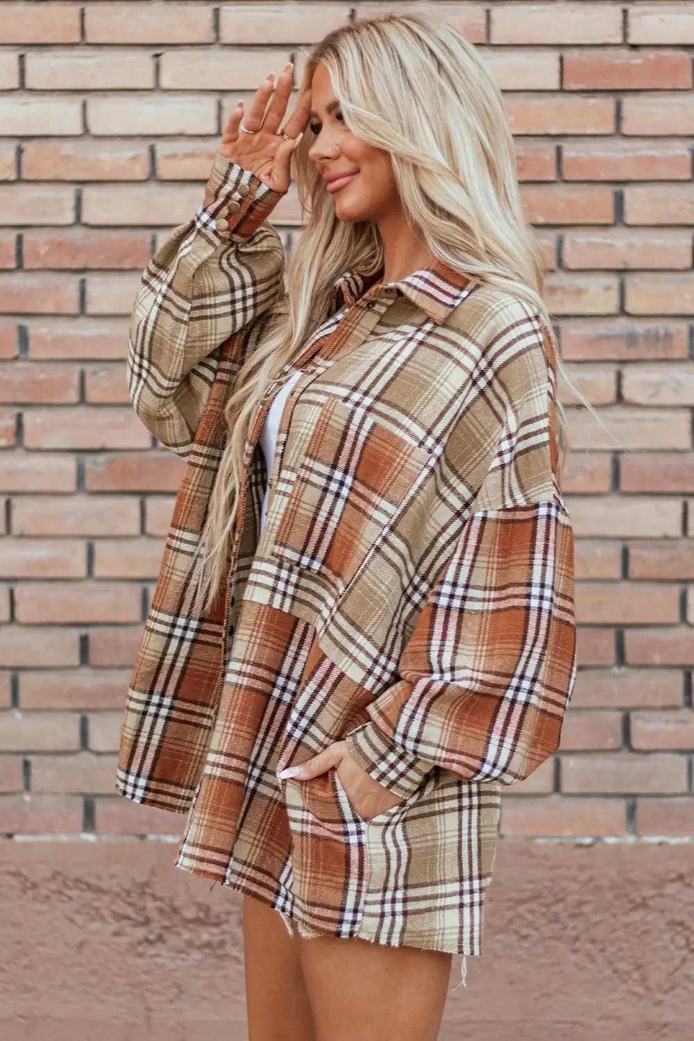 Plaid Snap Down Dropped Shoulder Shacket - Trendsi - Flyclothing LLC