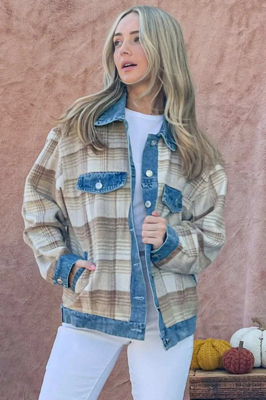 And The Why Full Size Washed Denim Detail Brushed Plaid Jacket - Trendsi - Flyclothing LLC