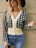 Houndstooth Button Up Long Sleeve Cardigan - Trendsi - Flyclothing LLC