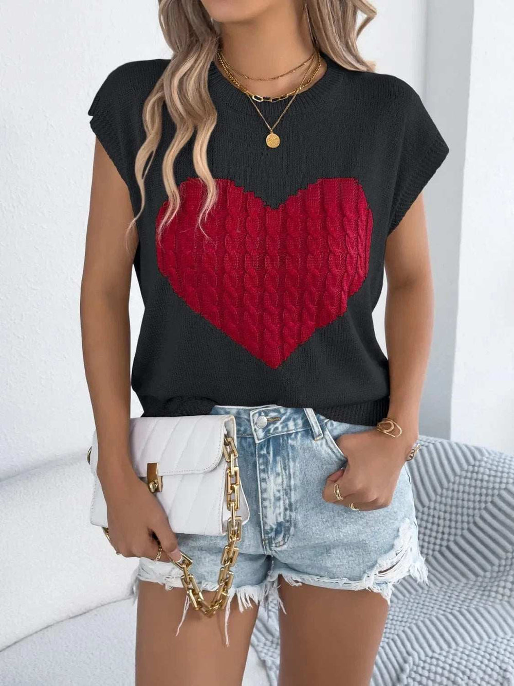Cable Knit Heart Round Neck Cap Sleeve Knit Top - Trendsi - Flyclothing LLC