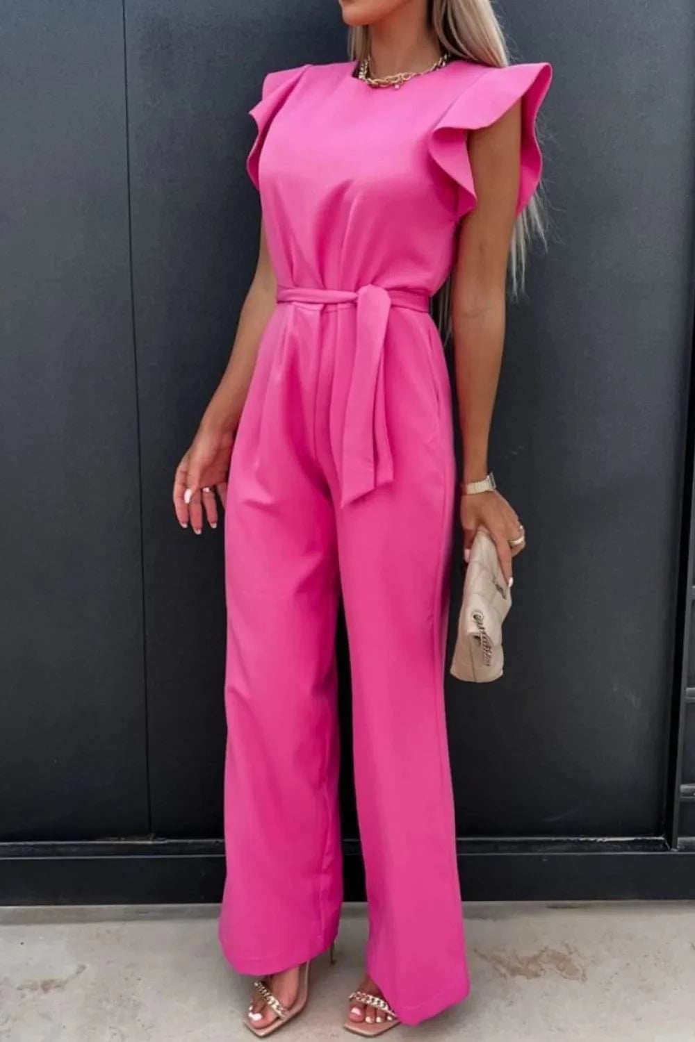 Round Neck Cap Sleeve Jumpsuit - Trendsi - Flyclothing LLC