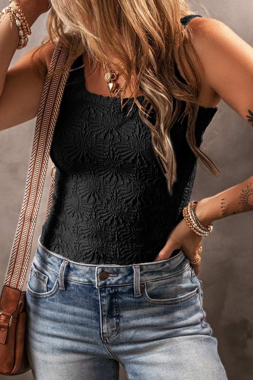 Floral Jacquard Square Neck Tank - Trendsi - Flyclothing LLC