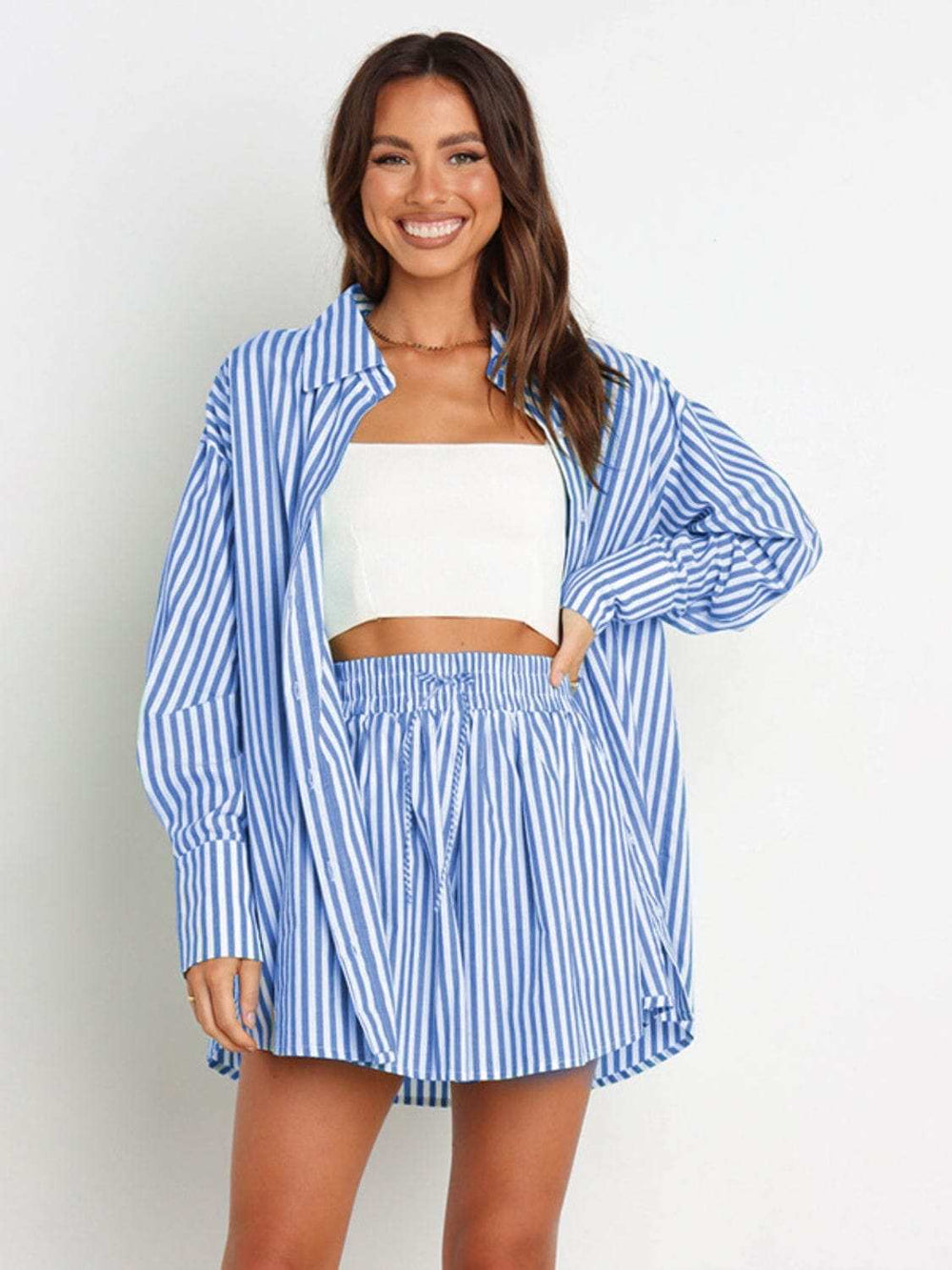 Striped Dropped Shoulder Shirt and Shorts Set - Trendsi - Flyclothing LLC