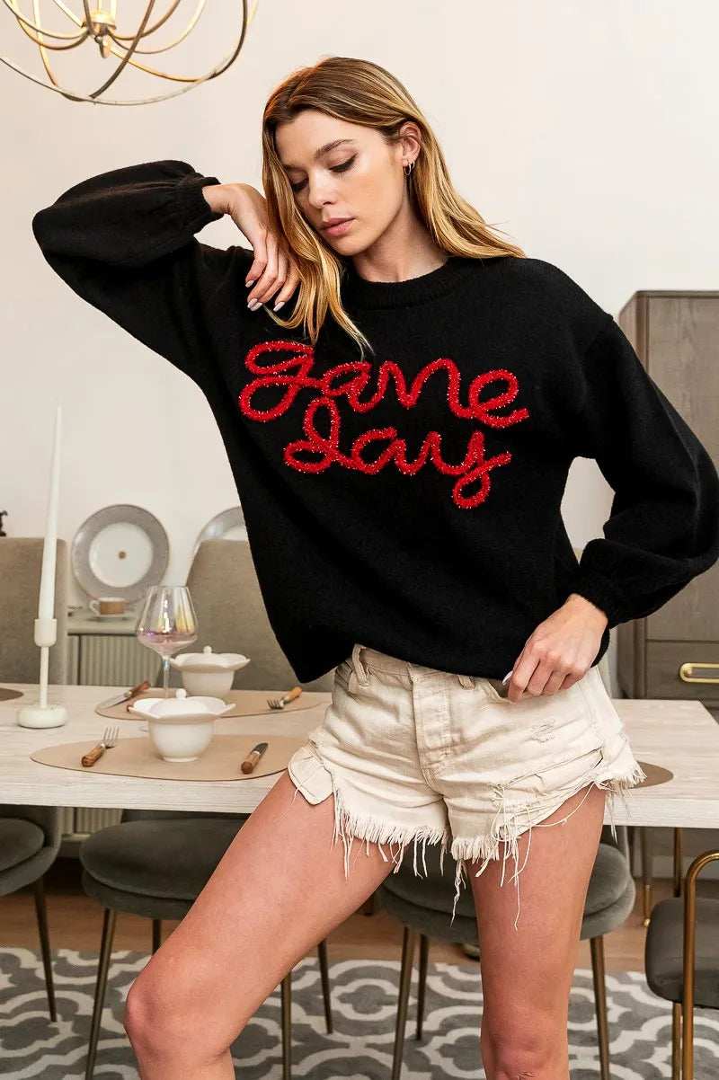 BiBi Game Day Metallic Letter Sweater - Trendsi - Flyclothing LLC