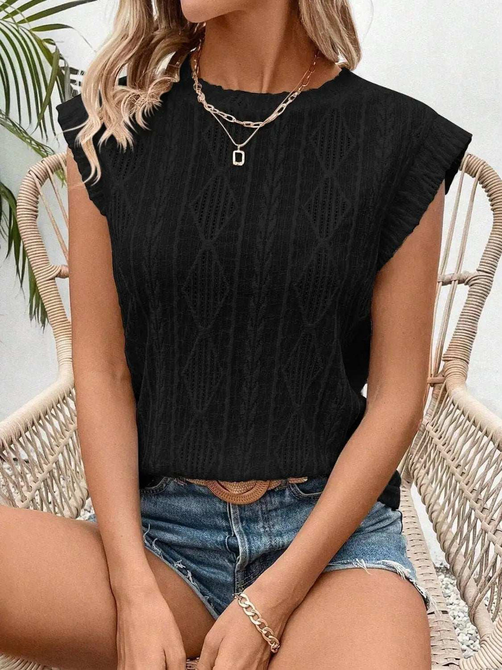 Openwork Round Neck Cap Sleeve Top - Trendsi - Flyclothing LLC
