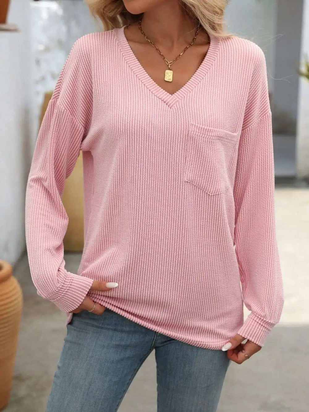 V-Neck Long Sleeve T-Shirt - Trendsi - Flyclothing LLC