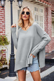 Slit V-Neck Dropped Shoulder Sweater - Trendsi - Flyclothing LLC
