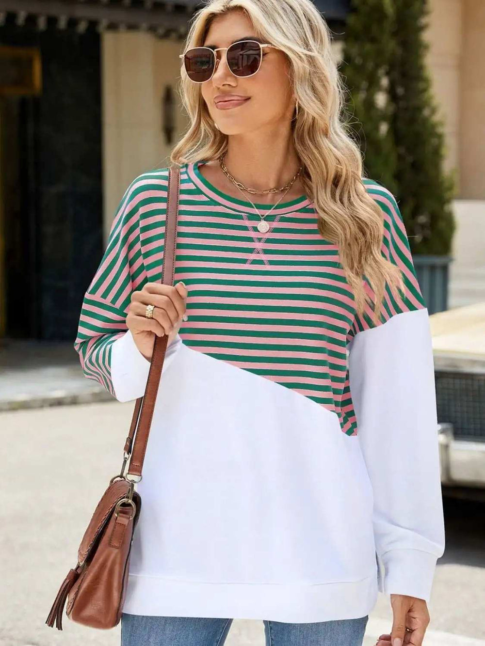 Slit Contrast Striped Long Sleeve Sweatshirt - Trendsi - Flyclothing LLC