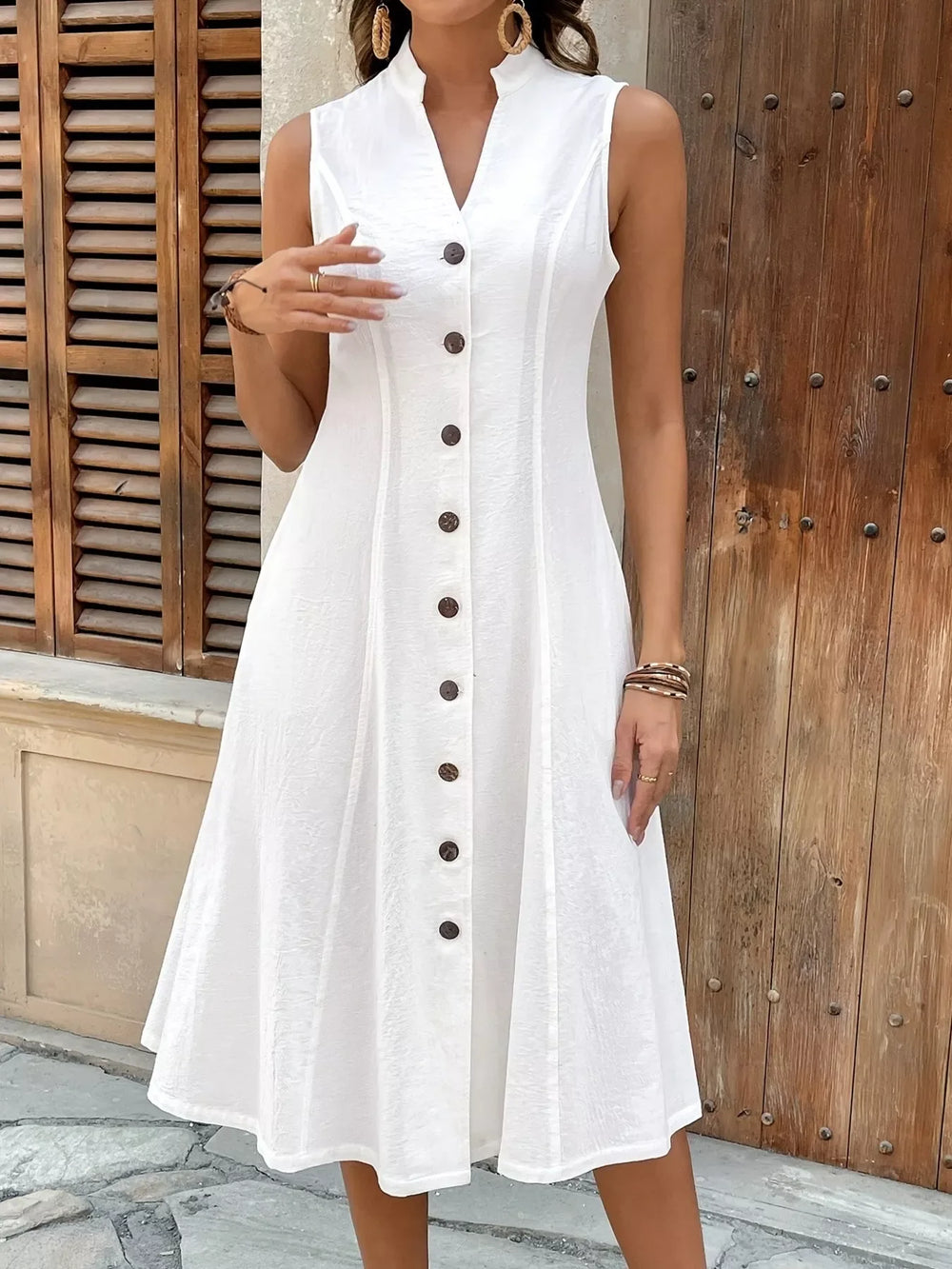 Sleeveless Button-Front A-Line Midi Dress - Trendsi - Flyclothing LLC