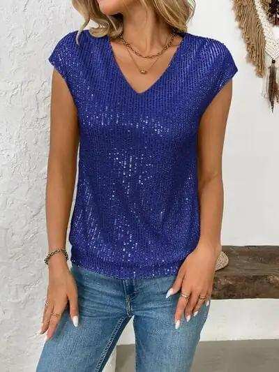 Sequin V-Neck Cap Sleeve Top - Trendsi - Flyclothing LLC