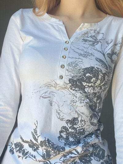 Printed Notched Long Sleeve T-Shirt - Trendsi - Flyclothing LLC