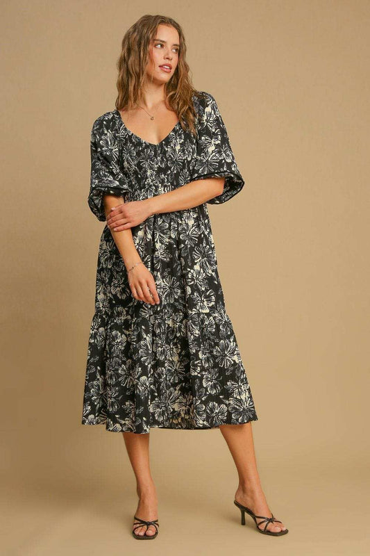 Umgee Ruffle Hem Flower Printed V-Neck Dress - Trendsi - Flyclothing LLC