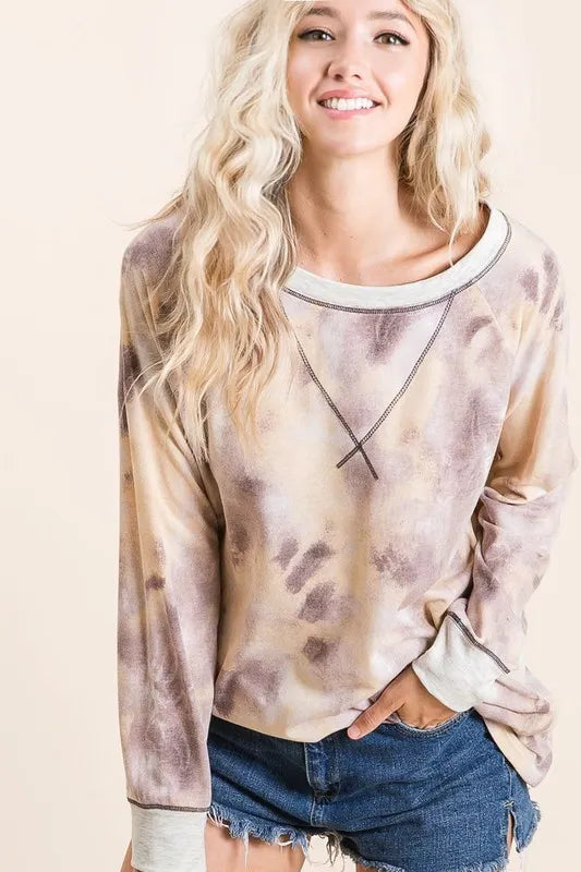 BiBi Tie Dye Terry Pull Over With Contrast Stitching - Trendsi - Flyclothing LLC