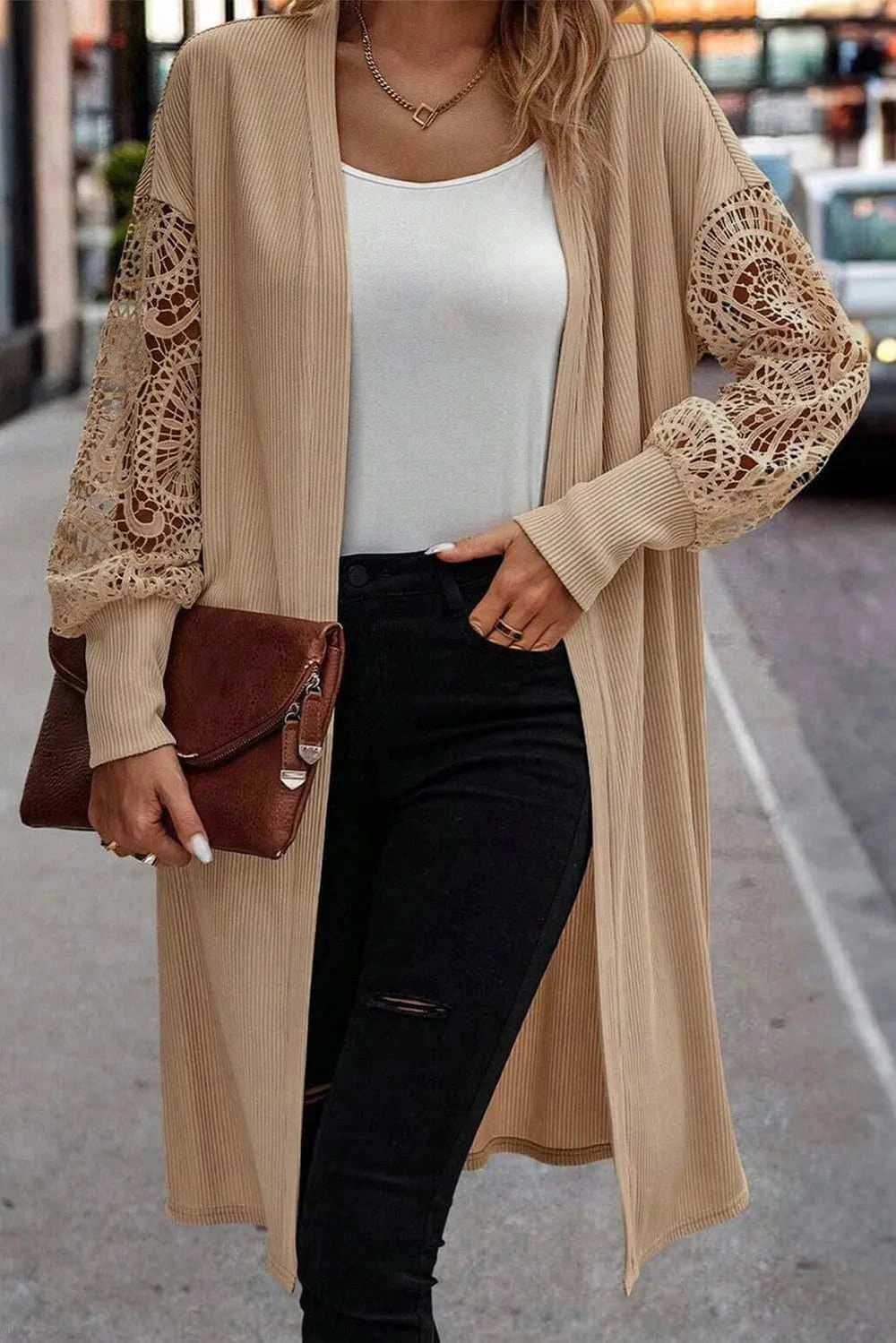 Open Front Lace Lantern Sleeve Cover-Up - Trendsi - Flyclothing LLC