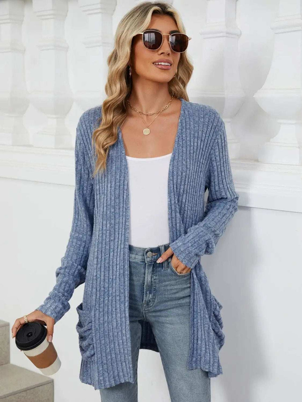 Pocketed Open Front Long Sleeve Cardigan - Trendsi - Flyclothing LLC