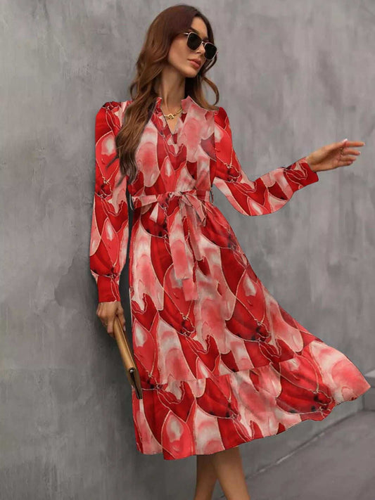 Notched Tie Waist Long Sleeve Dress - Trendsi - Flyclothing LLC
