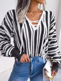Striped Lace-Up Long Sleeve Sweater - Trendsi - Flyclothing LLC