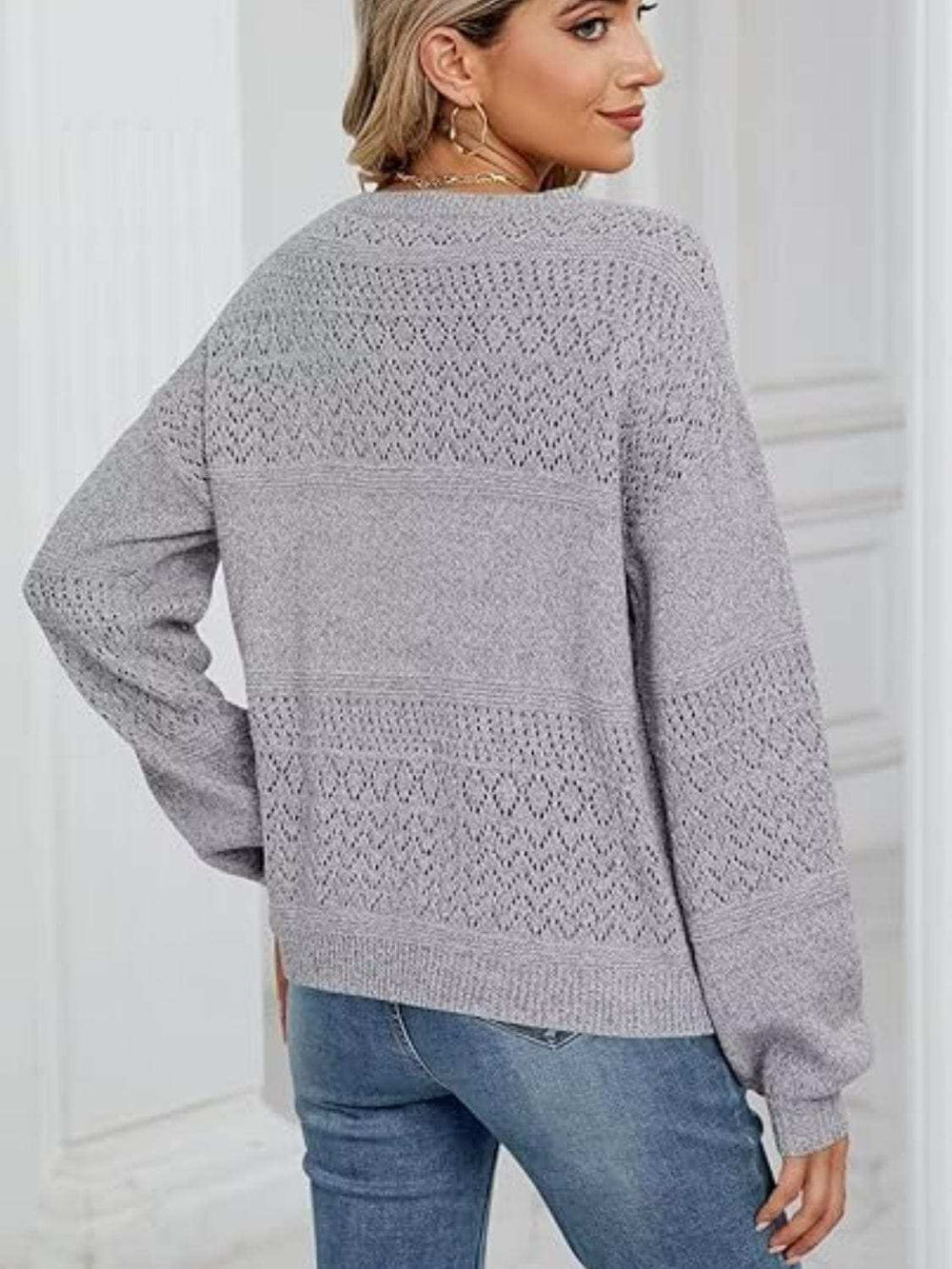 Eyelet V-Neck Long Sleeve Sweater - Trendsi - Flyclothing LLC