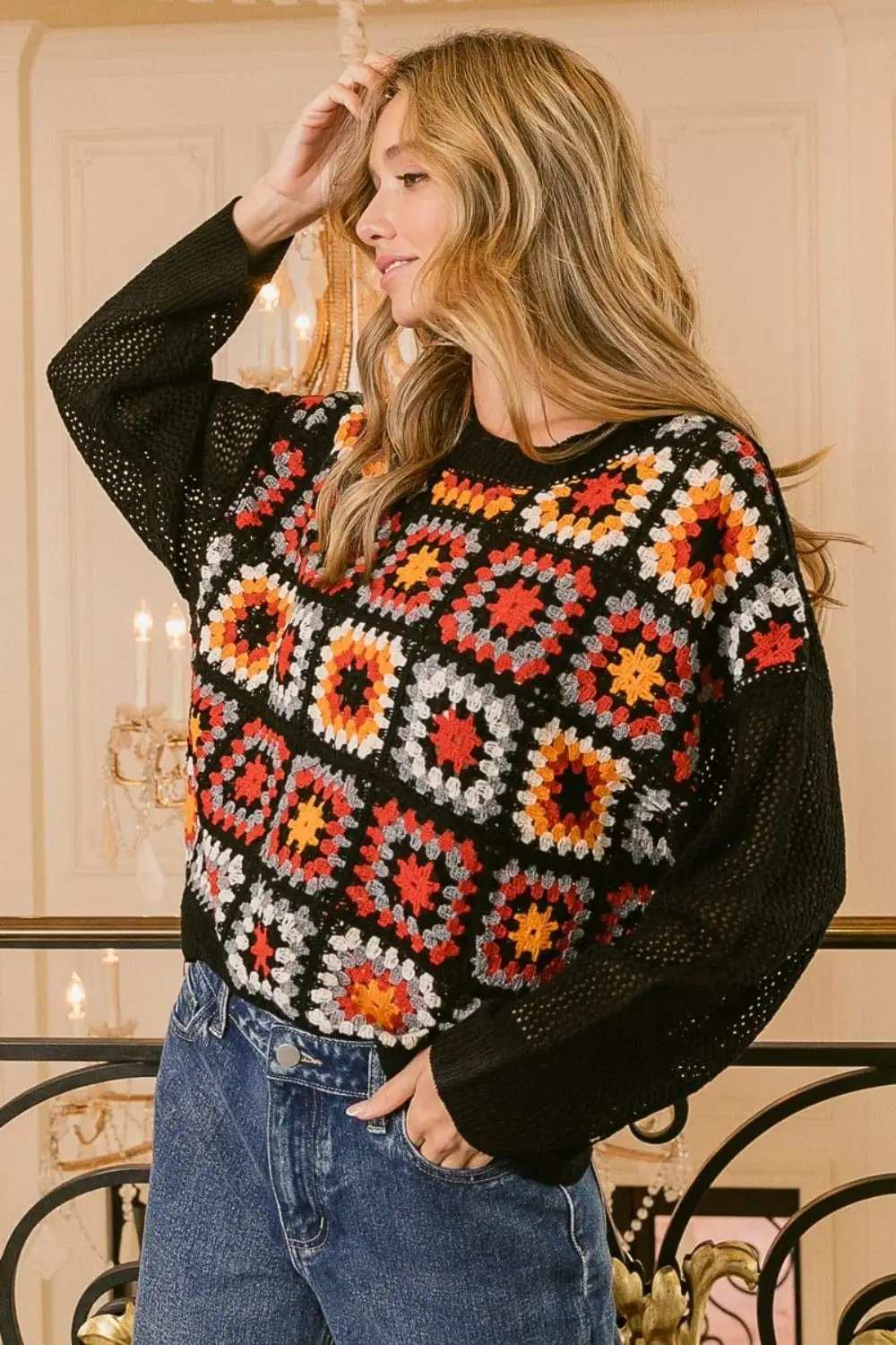 BiBi Granny Square Front Long Sleeve Top - Trendsi - Flyclothing LLC