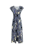 Printed V-Neck Cap Sleeve Maxi Dress - Trendsi - Flyclothing LLC