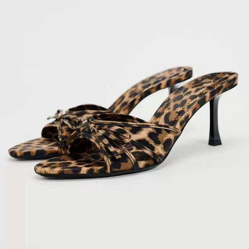 Bow Leopard Kitten Heel Sandals - Trendsi - Flyclothing LLC