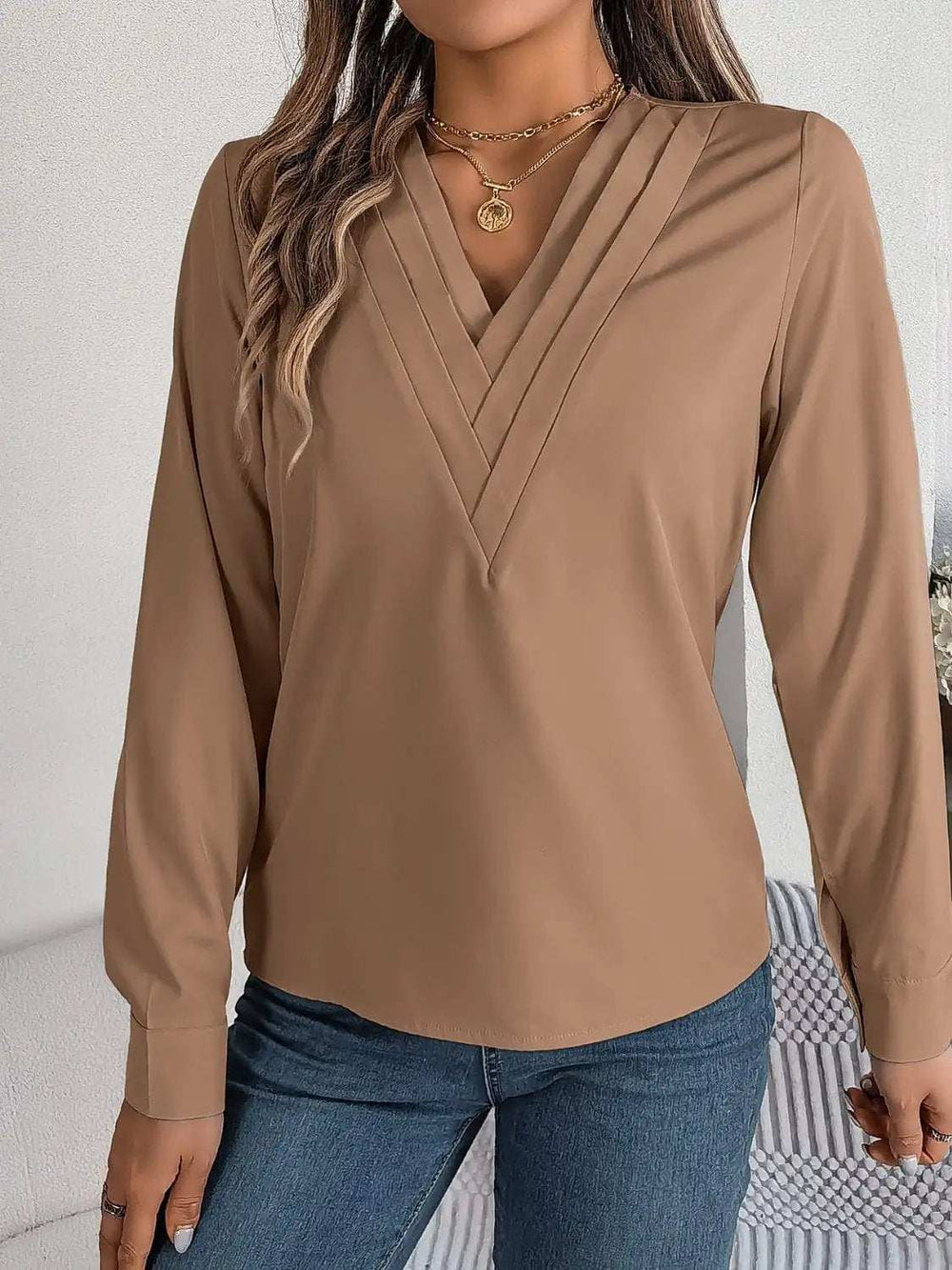 V-Neck Long Sleeve Blouse - Trendsi - Flyclothing LLC